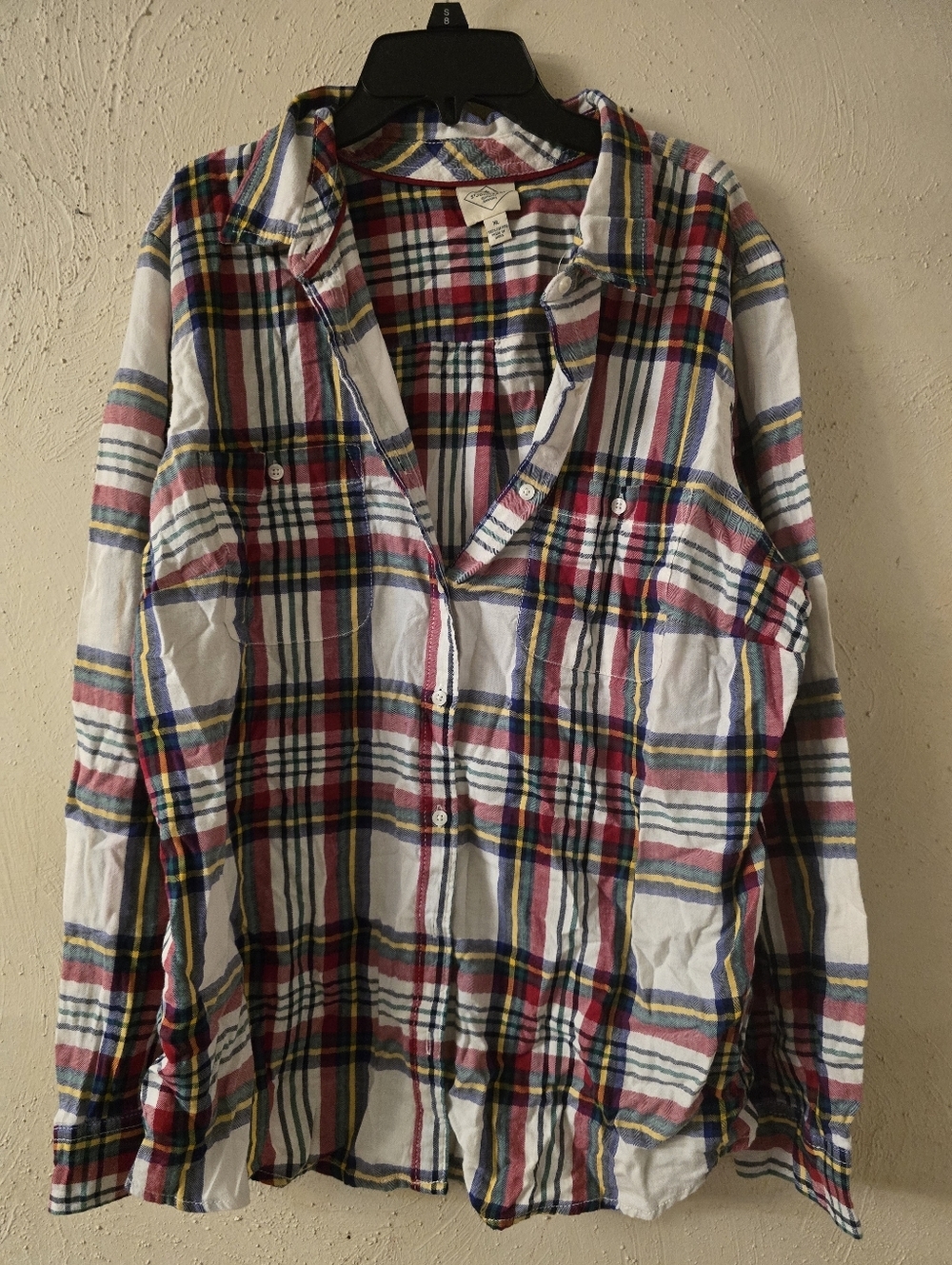 St. John's Bay White Plaid Button-Down Shirt with Red, Navy & Yellow